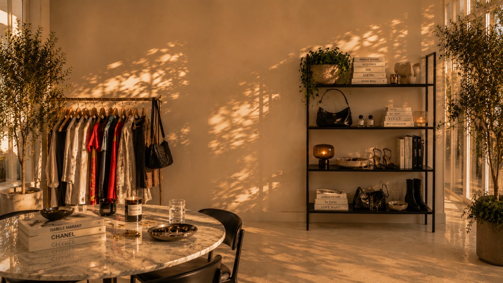 A curated rail of clothing in soft, peachy light.